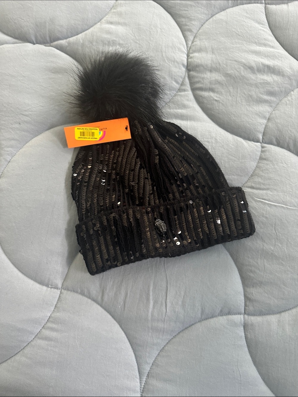 Kurt Geiger Black Sequin Pom Pom Beanie